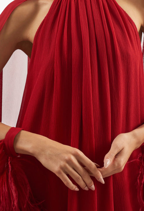 Feathered Eterea Gown In Ruby
